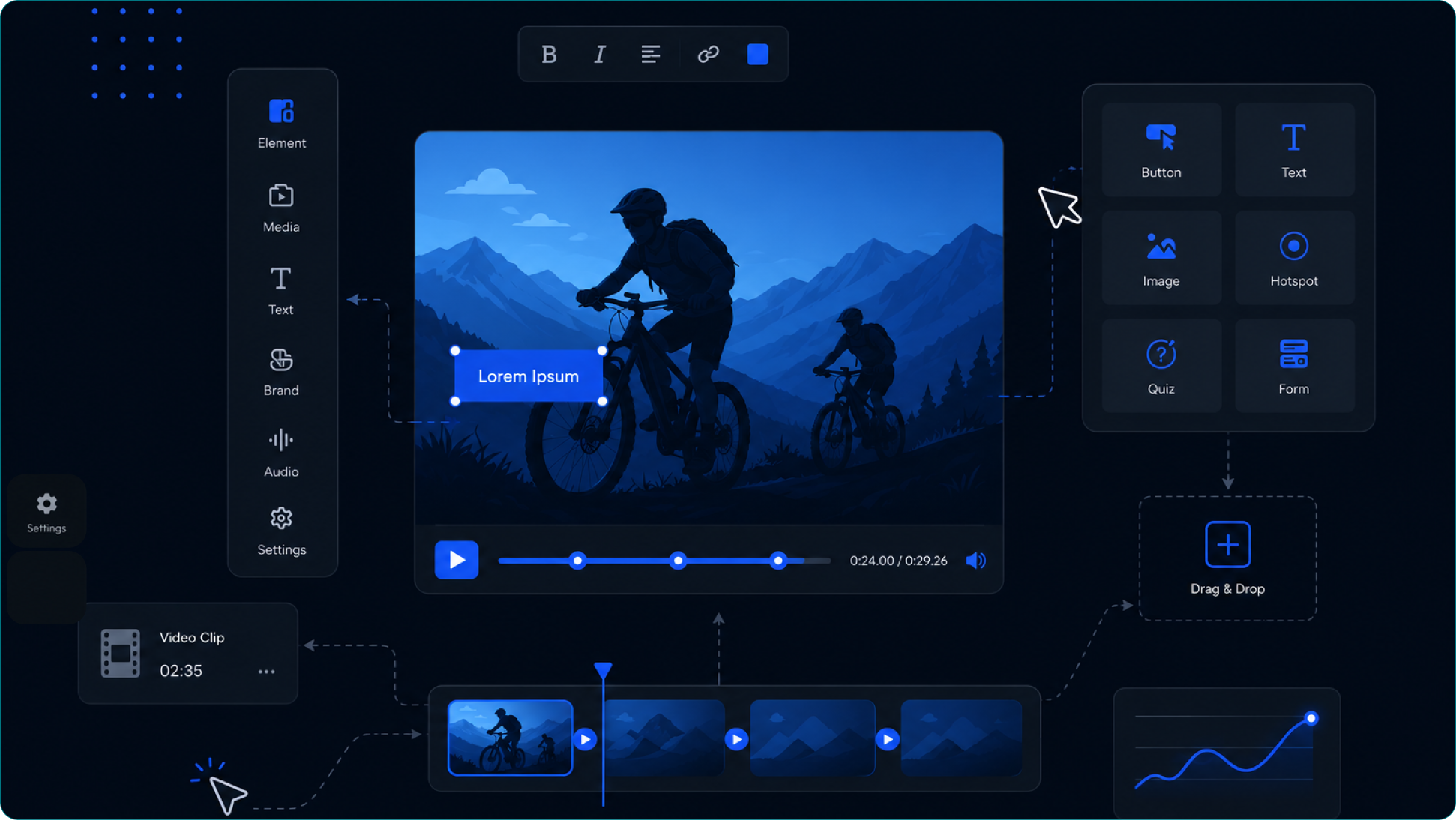 Cliperact editor: add interactive elements, timeline, and publish